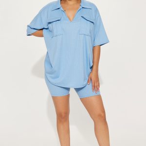 The Thrill Of It Ribbed Short Set - Light Blue